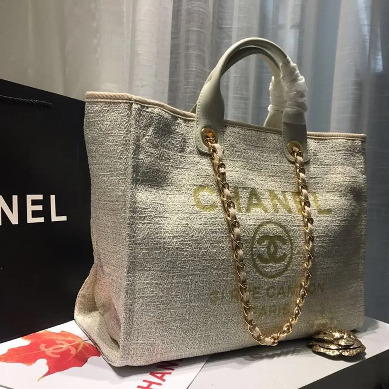 Chanel Deauville Tote Bag / Beige Tweed Canvas Gold Hardware