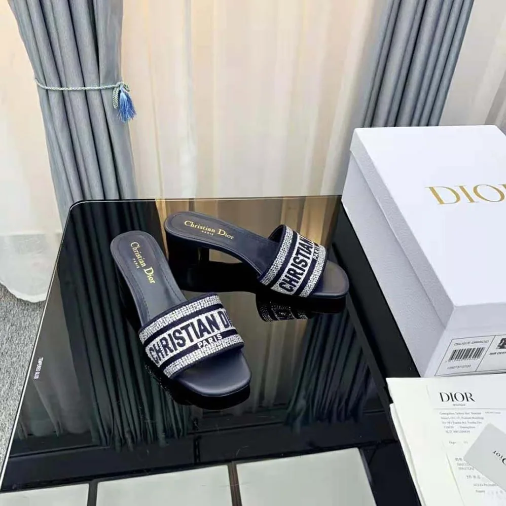 Dior Dway Heeled Slide Black Cotton Embroidered for Women Dior Dway Heeled Slide Black Cotton Embroidered for Women