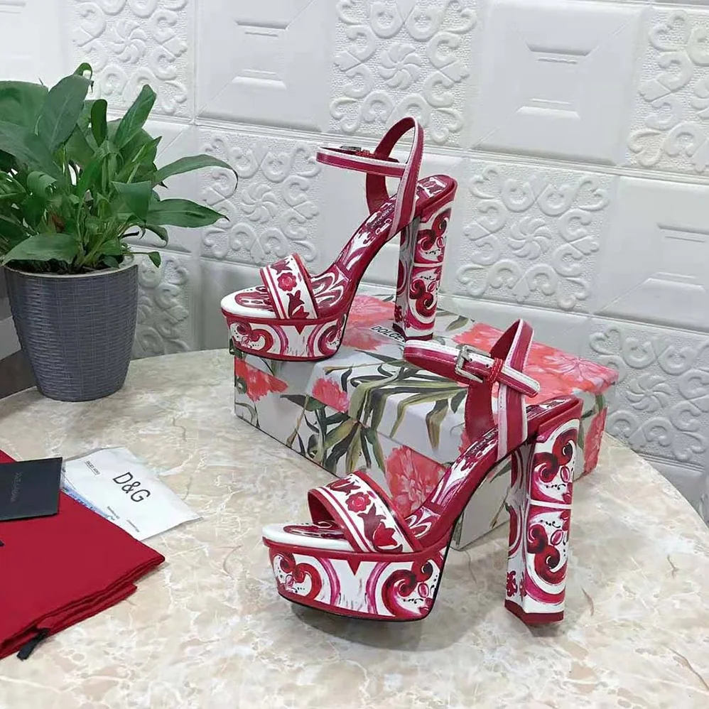 Dolce Gabbana D&G Printed Polished Calfskin Platform Sandals for Women Dolce Gabbana D&G Printed Polished Calfskin Platform Sandals for Women