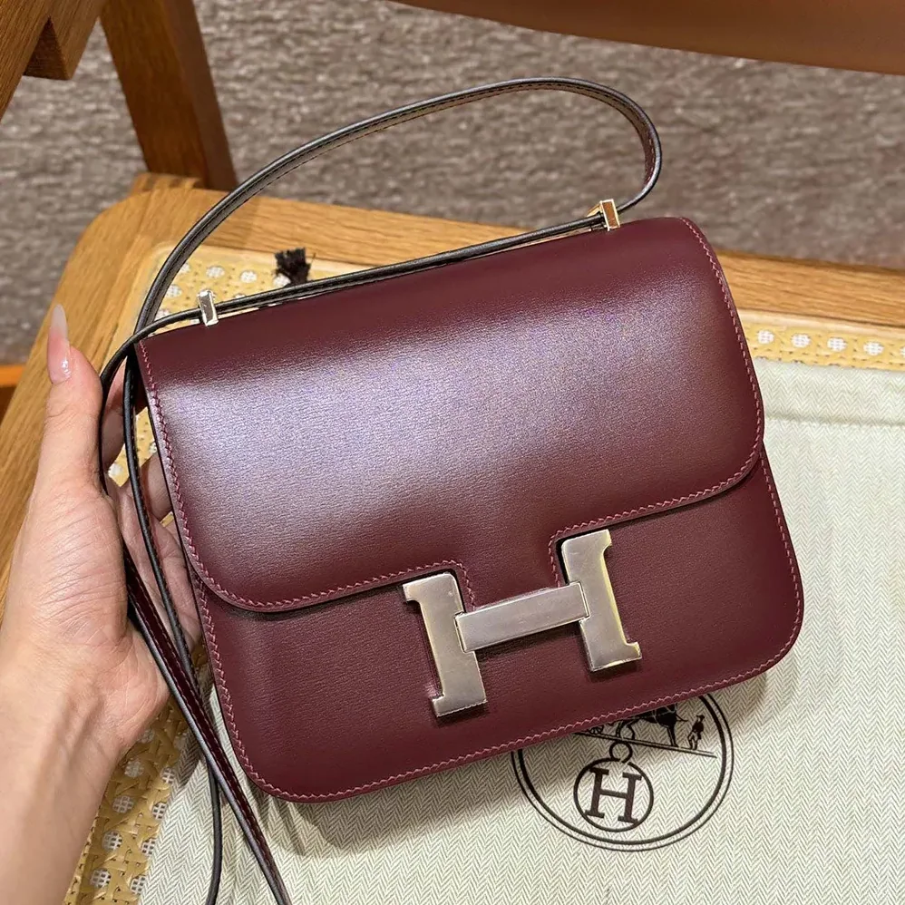 Hermes Constance 24 Bag Box Leather for Women in Maroon/Silver Hermes Constance 24 Bag Box Leather for Women in Maroon/Silver