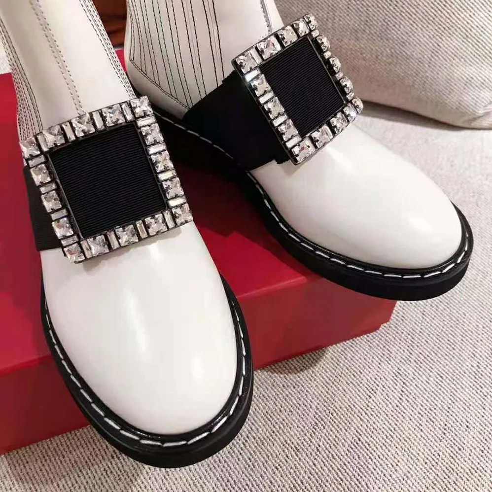 Roger Vivier Viv' Rangers Stitch Strass Buckle Booties in Leather for Women in White Roger Vivier Viv' Rangers Stitch Strass Buckle Booties in Leather for Women in White