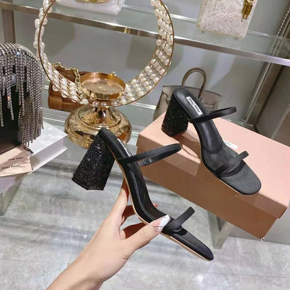 Miu Miu Satin and Glitter Slides in 85 mm Heel Height for Women in Black Miu Miu Satin and Glitter Slides in 85 mm Heel Height for Women in Black