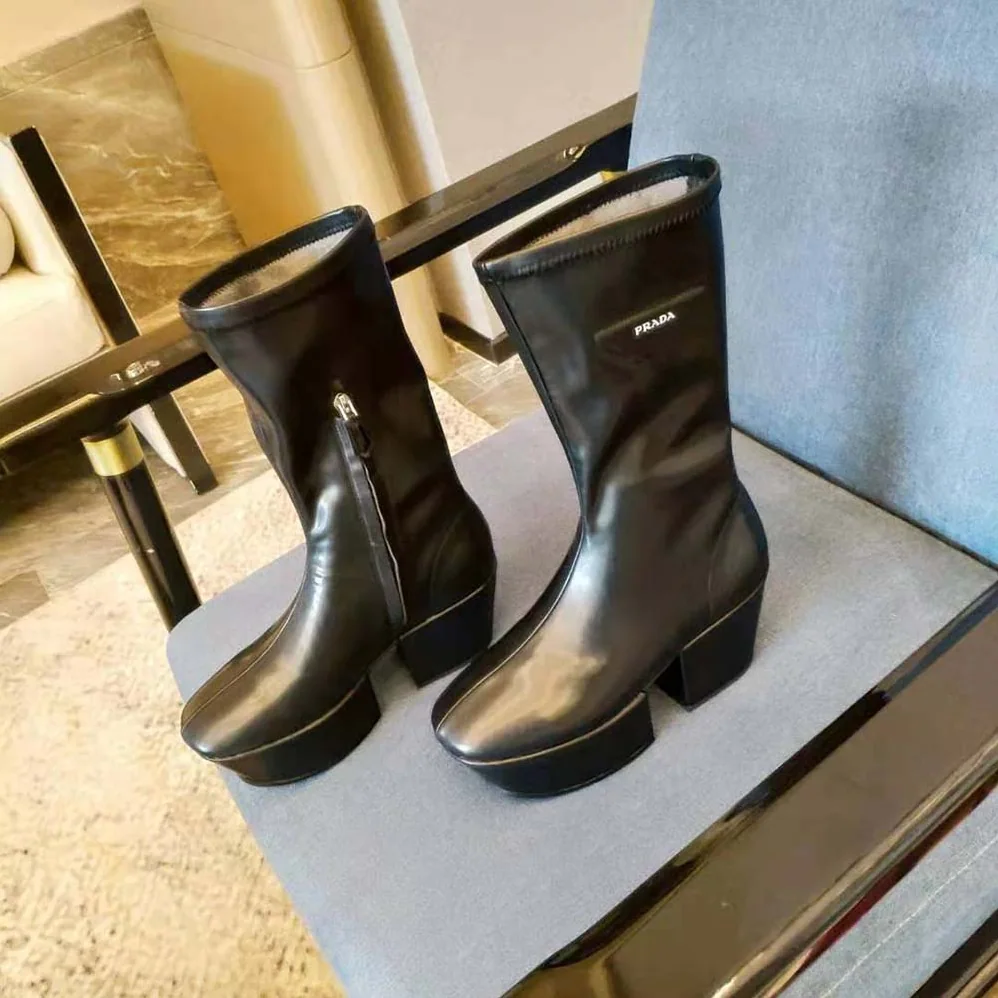 Prada Technical Nappa Leather Platform Boots for Women in Black Prada Technical Nappa Leather Platform Boots for Women in Black