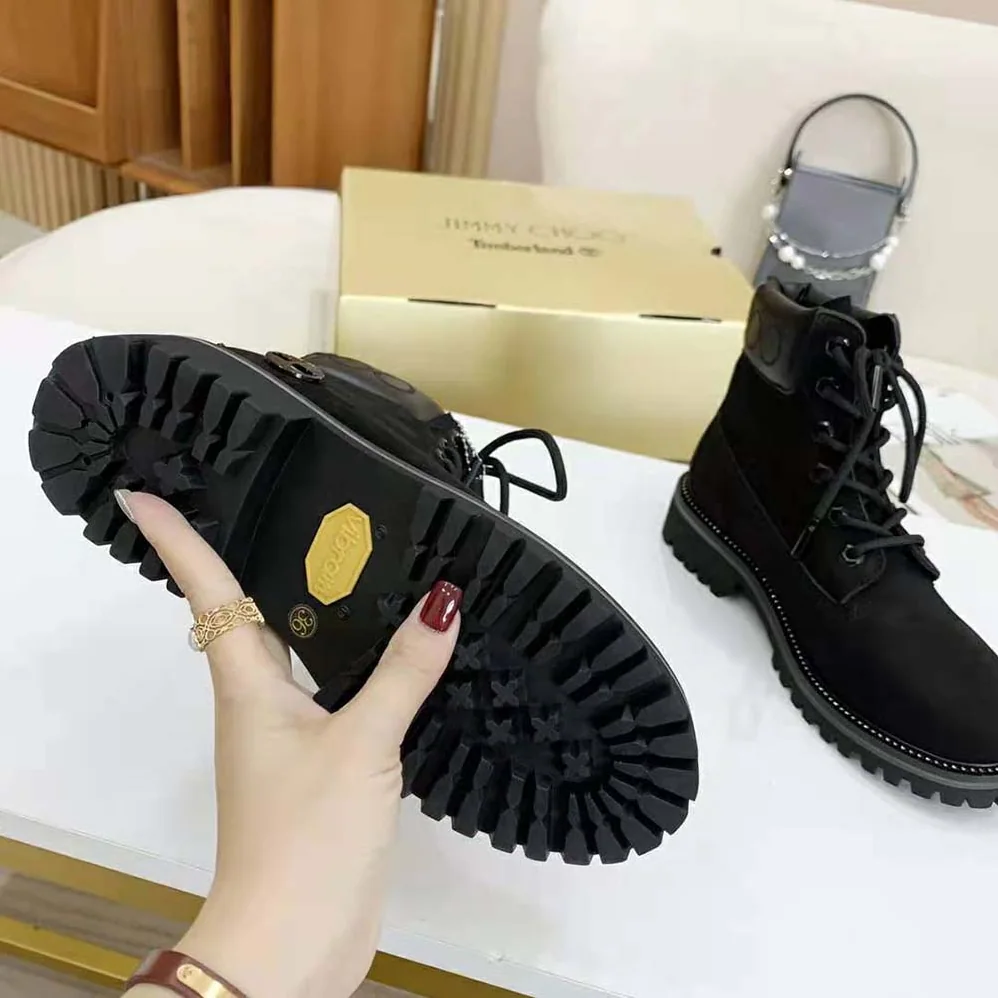 Jimmy Choo JC X Timberland/M Black Nubuck Leather Boots with Gunmetal Glitter for Women