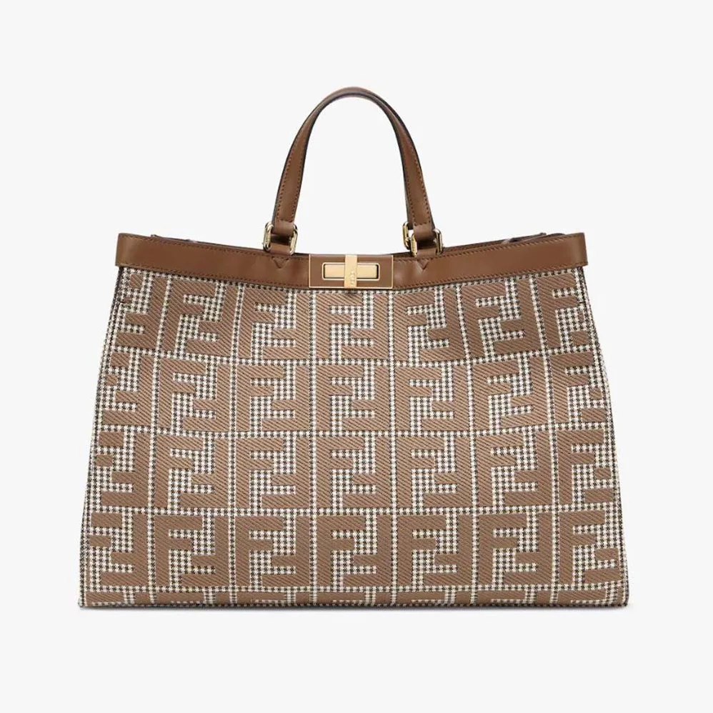 Fendi X-Tote Brown Houndstooth Wool Shopper with FF Embroidery for Women