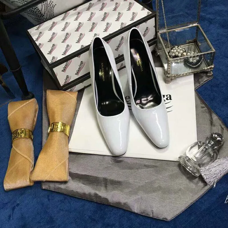Balenciaga Shoes Round Toe Glazed Calfskin Pumps 110mm Heel for Women in White Balenciaga Shoes Round Toe Glazed Calfskin Pumps 110mm Heel for Women in White