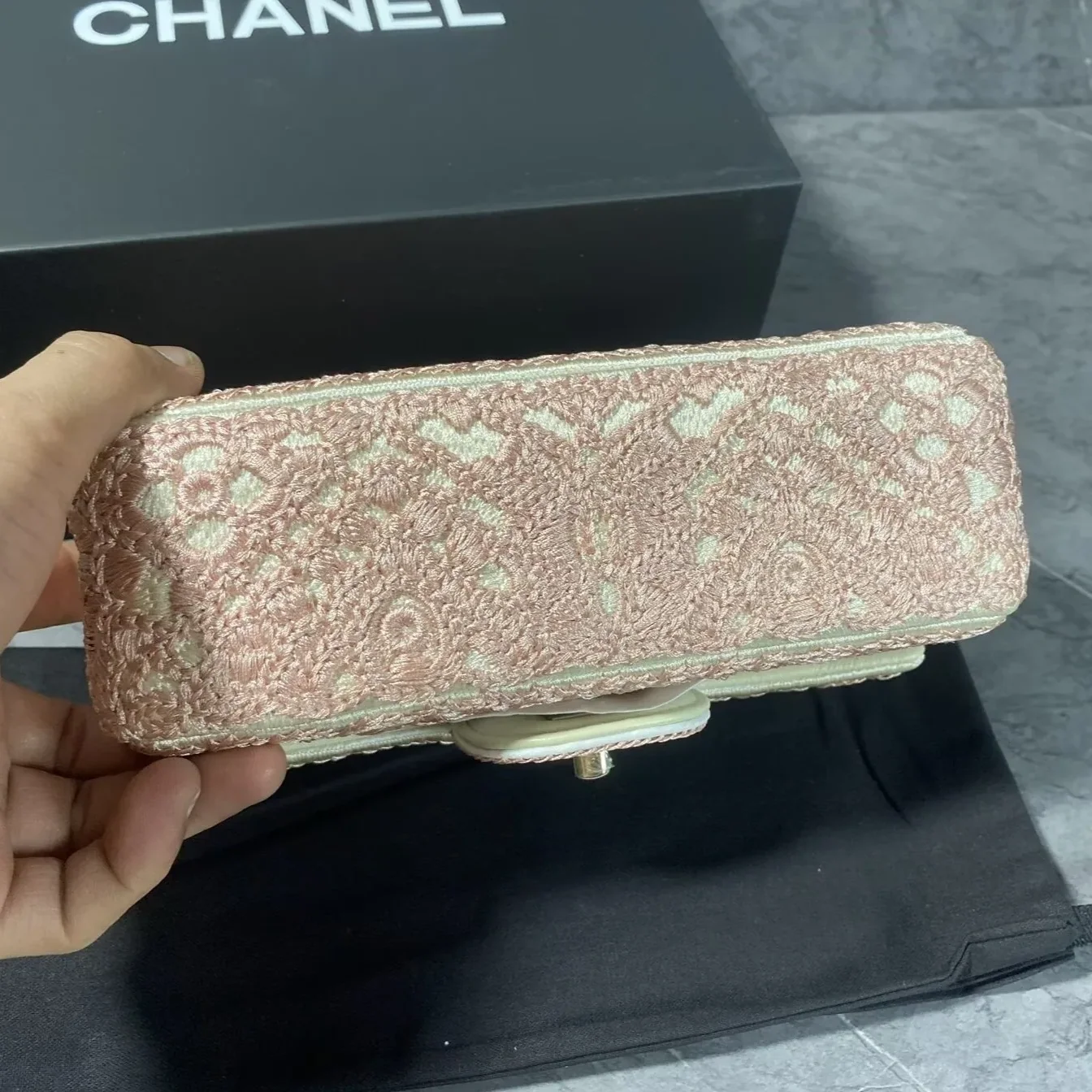 Chanel Crochet Small Flap Bag Crossbody in Pink Gold Hardware Chanel Crochet Small Flap Bag Crossbody in Pink Gold Hardware