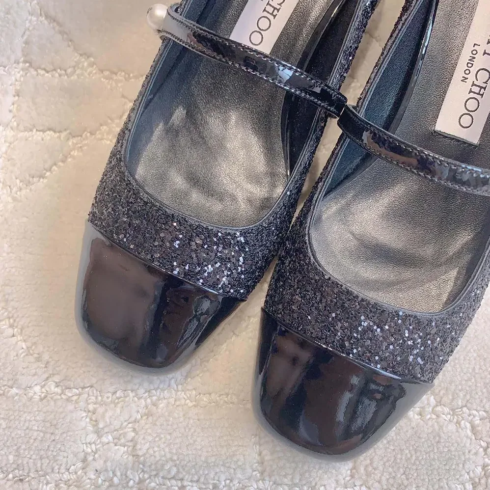 Jimmy Choo Elisa 45 Black Leather Glitter Pumps for Women Jimmy Choo Elisa 45 Black Leather Glitter Pumps for Women