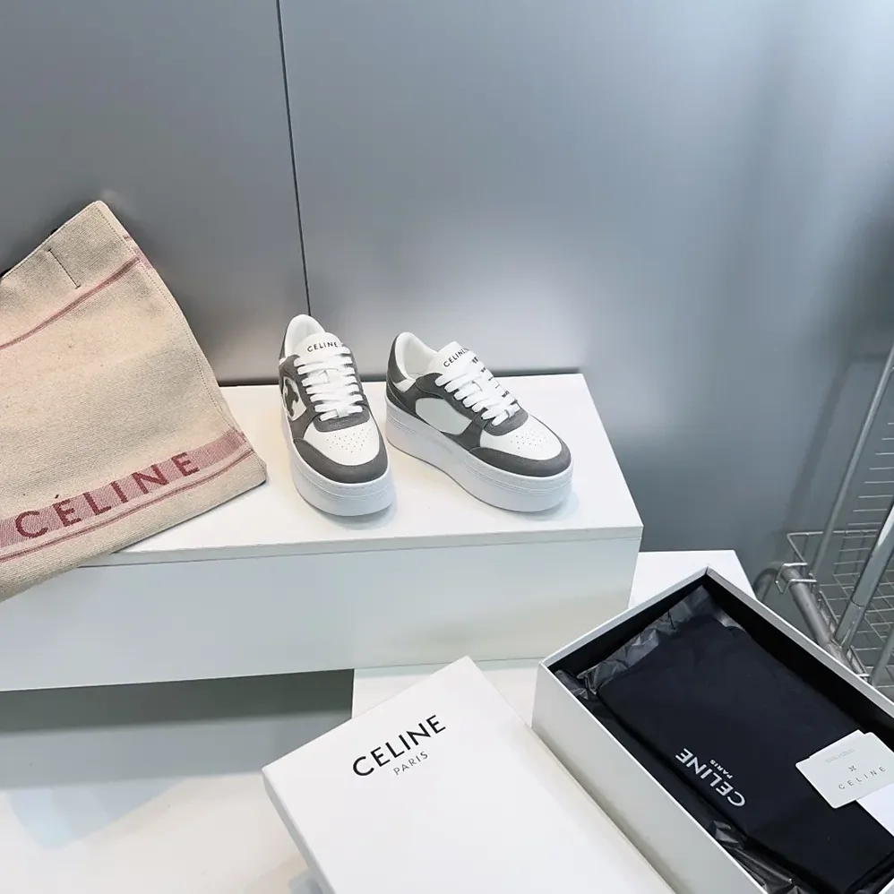 Celine Block Wedge Sneaker With Triomphe Patch In Calfskin And Suede Calfskin for Women in Gray Celine Block Wedge Sneaker With Triomphe Patch In Calfskin And Suede Calfskin for Women in Gray