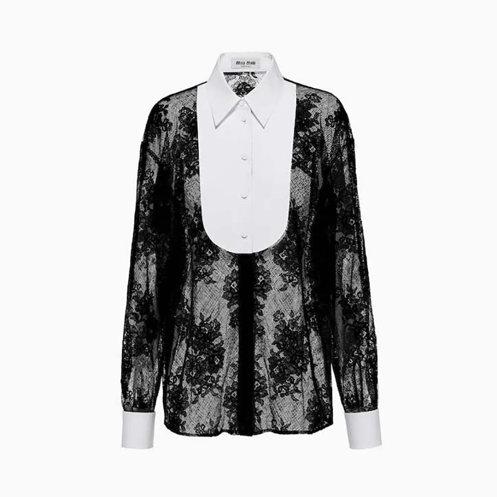 Miu Miu Lace Shirt with Knit Logo Label for Women in Black Miu Miu Lace Shirt with Knit Logo Label for Women in Black