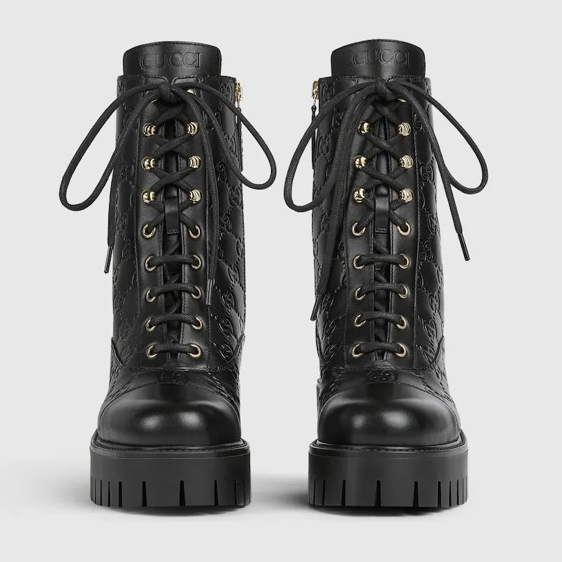 Gucci Lace-Up Ankle Boots With GG Black Gucci Lace-Up Ankle Boots With GG Black