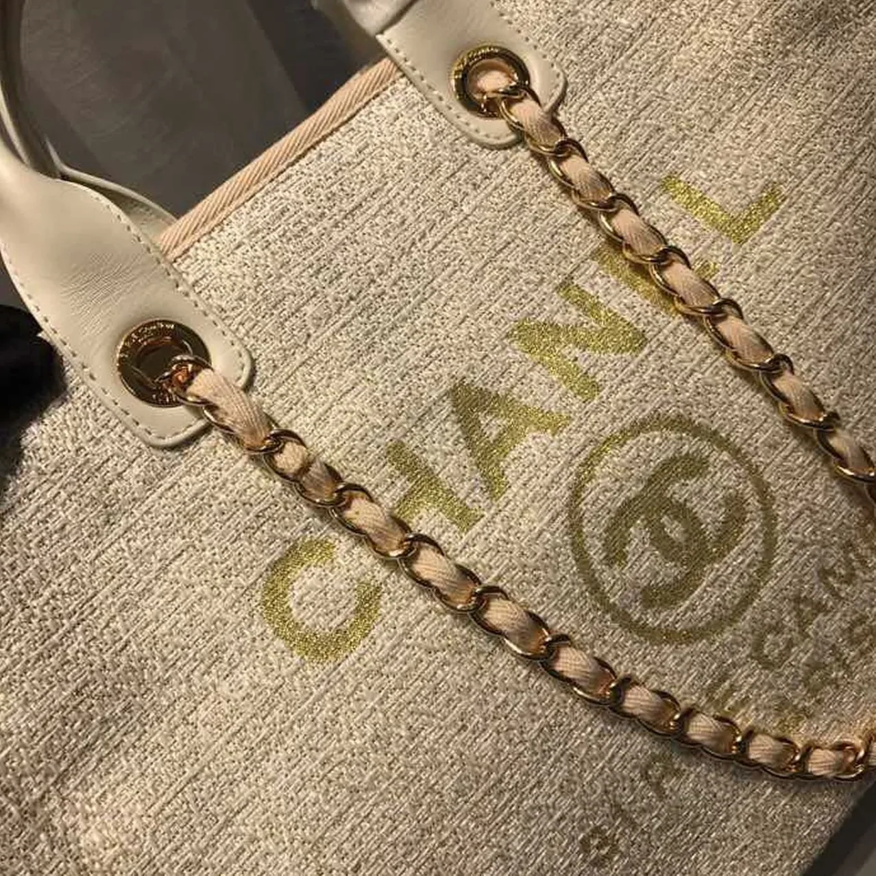 Chanel Deauville Tote Bag / Beige Tweed Canvas Gold Hardware