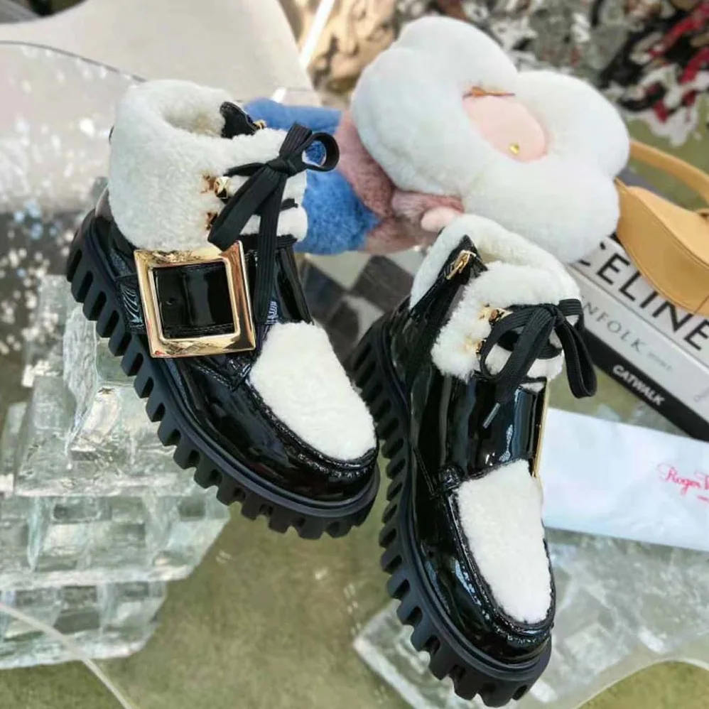 Roger Vivier Viv' Go-Thick Metal Buckle Fur Ankle Boots in Patent Leather for Women Roger Vivier Viv' Go-Thick Metal Buckle Fur Ankle Boots in Patent Leather for Women