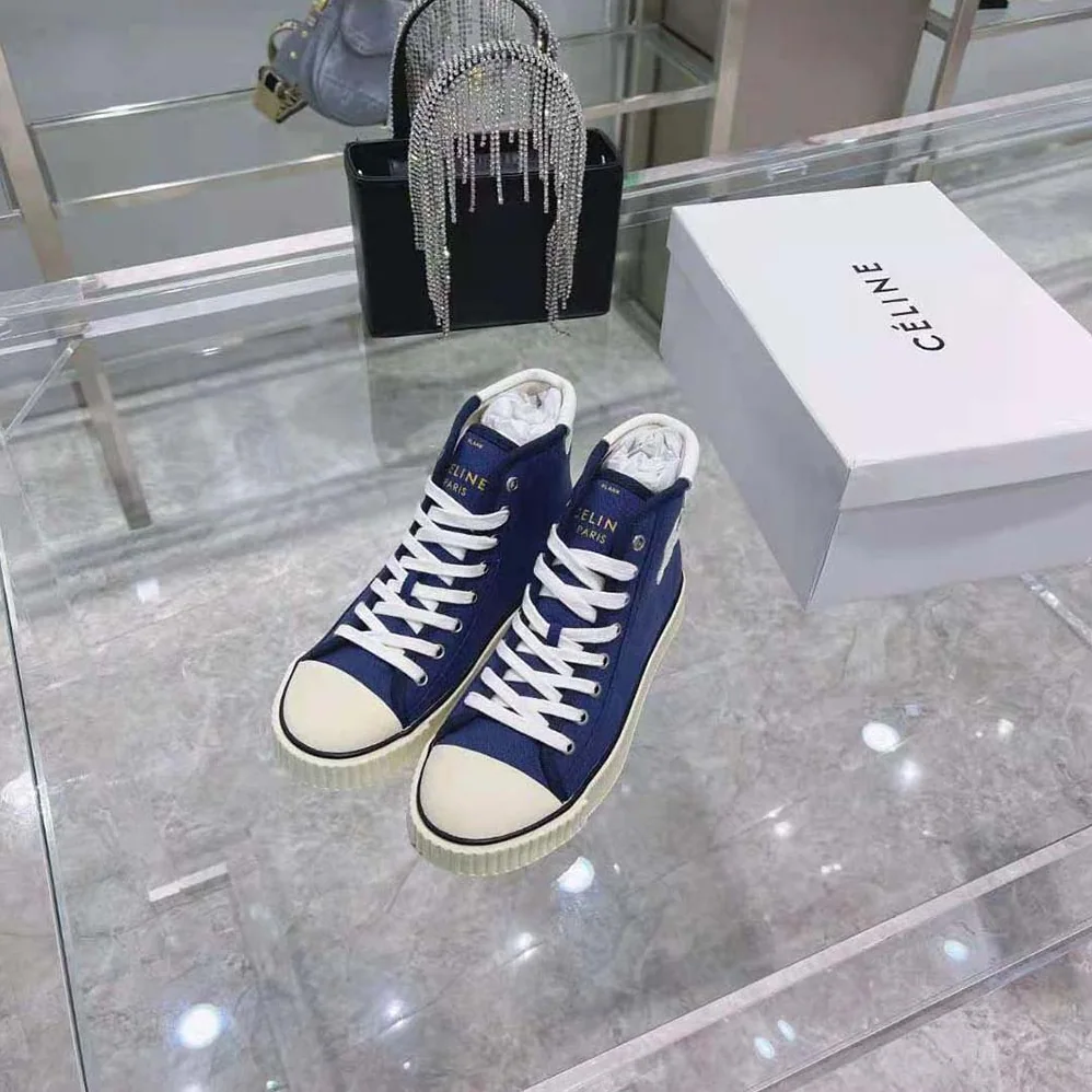 Celine Blank Mid Lace up Sneaker with Toe Cap in Canvas and Calfskin for Women Celine Blank Mid Lace up Sneaker with Toe Cap in Canvas and Calfskin for Women