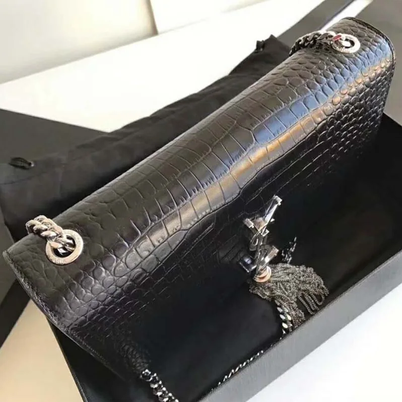 Saint Laurent YSL Kate Small Tassel Embossed Crocodile Shiny for Women in Silver Saint Laurent YSL Kate Small Tassel Embossed Crocodile Shiny for Women in Silver