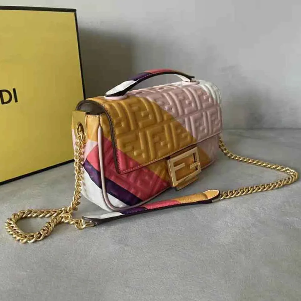 Fendi Baguette Chain Midi Leather Bag with Multicolour Print for Women Fendi Baguette Chain Midi Leather Bag with Multicolour Print for Women