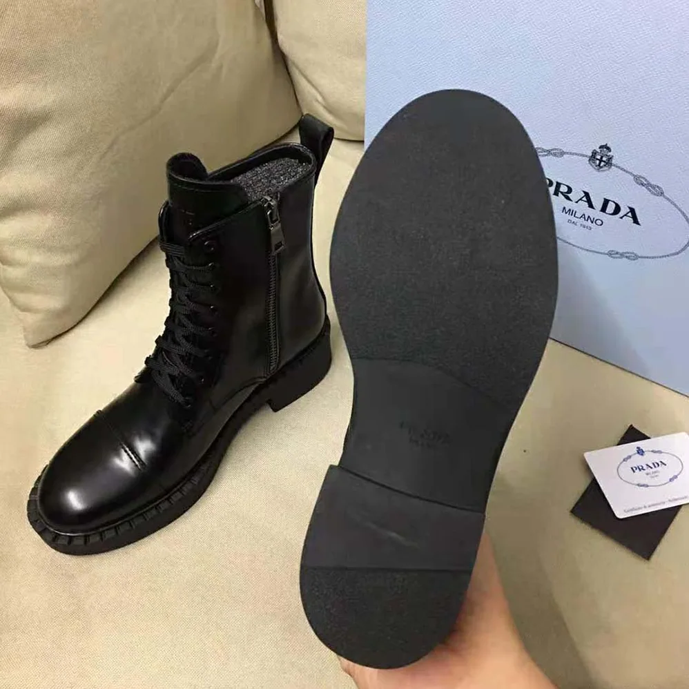 Prada Brushed Leather Laced Booties for Women in Black Prada Brushed Leather Laced Booties for Women in Black