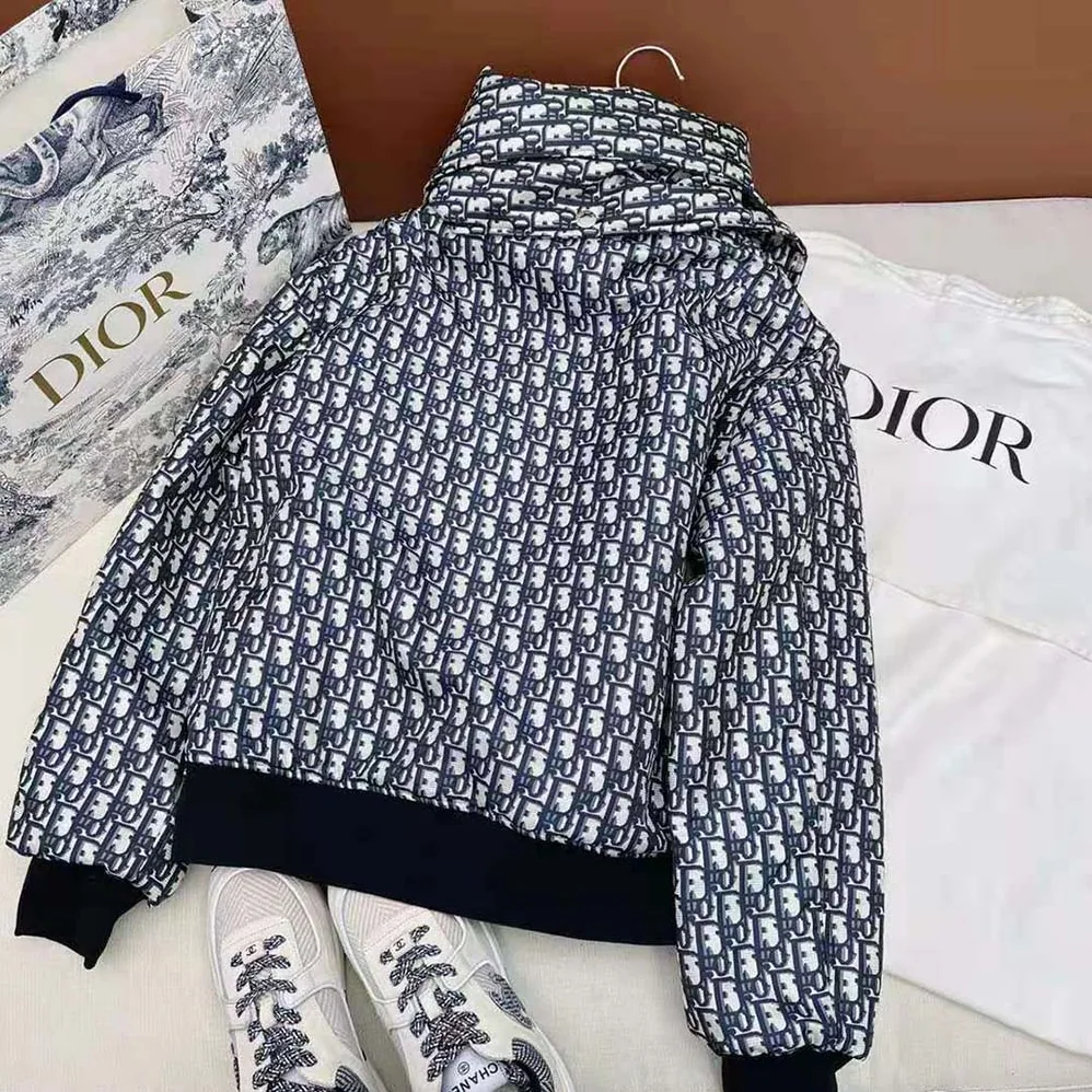 Dior Bomber Jacket with Criss Cross Collar Blue and Ecru Technical Taffeta Jacquard for Women Dior Bomber Jacket with Criss Cross Collar Blue and Ecru Technical Taffeta Jacquard for Women