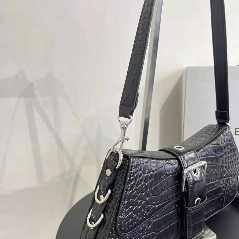 Balenciaga Lindsay Small Shoulder Bag with Strap Crocodile Embossed for Women in Black