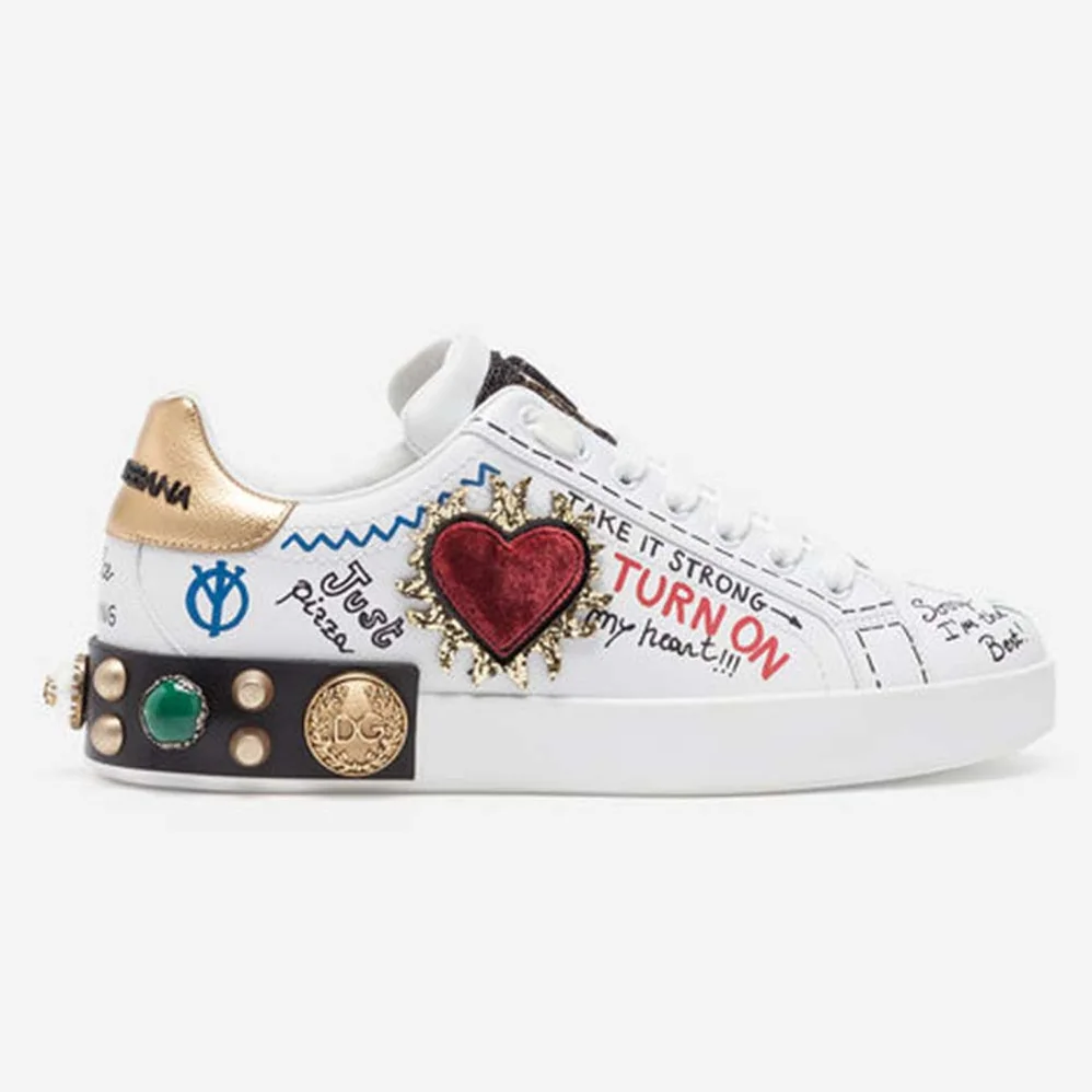 Dolce Gabbana D&G Printed Calfskin Nappa Portofino Sneakers with Patch and Embroidery for Women in White