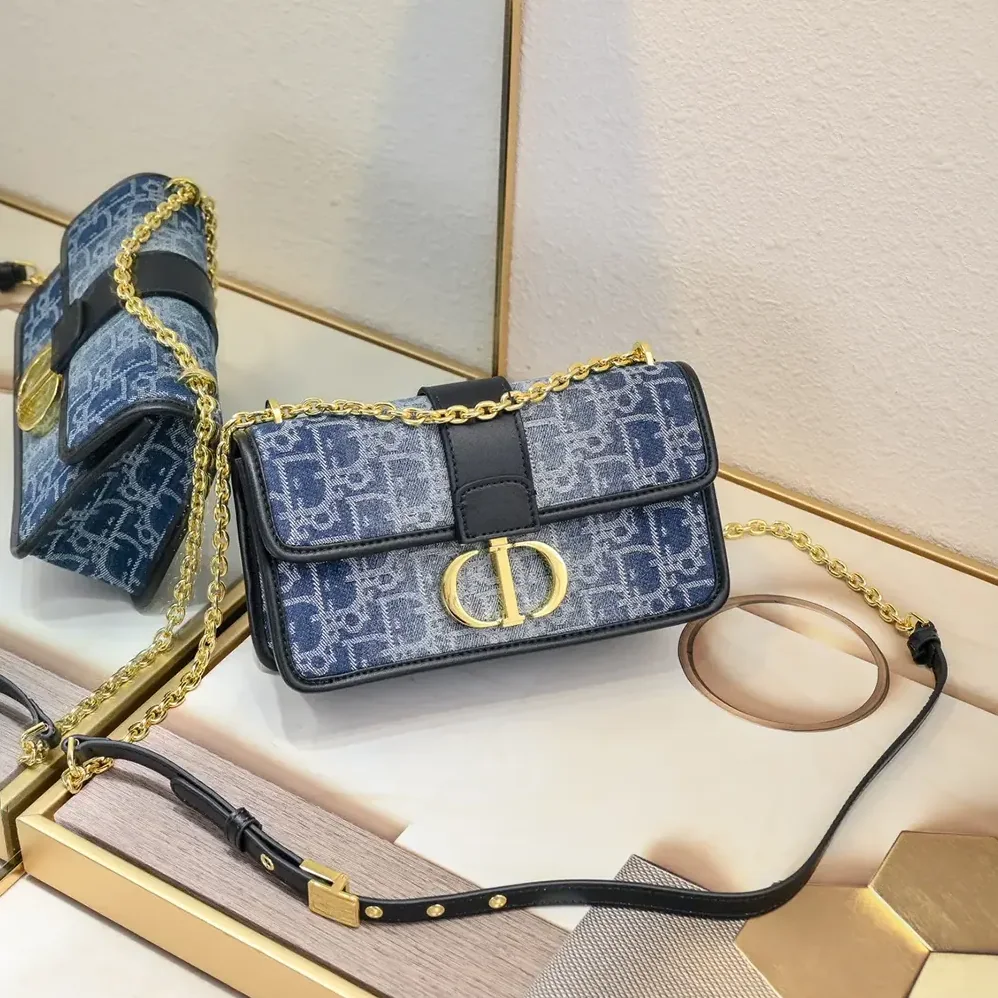 Dior 30 Montaigne East-West Bag with Chain Blue Denim Dior Oblique Jacquard for Women