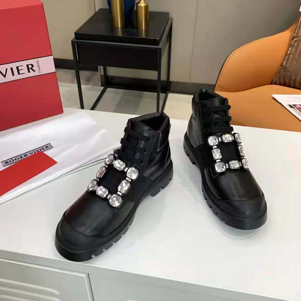 Roger Vivier Walky Viv' Lace Up Strass Buckle Booties in Leather for Women Roger Vivier Walky Viv' Lace Up Strass Buckle Booties in Leather for Women
