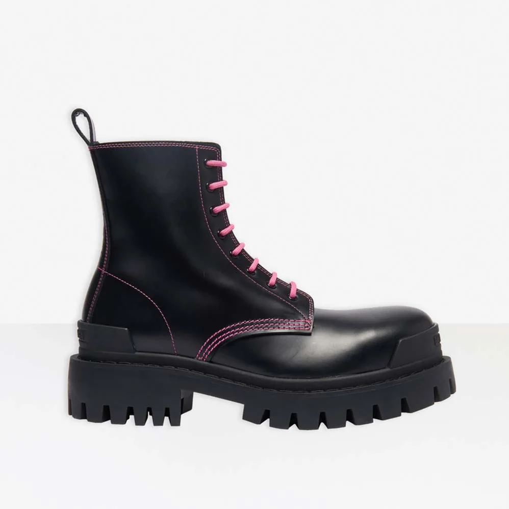 Balenciaga Strike 20mm Lace-Up Boot in Black Matte Calfskin for Women in Pink
