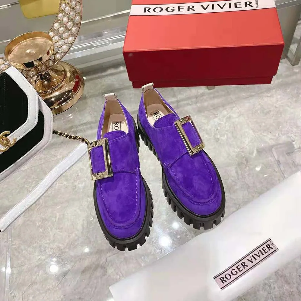 Roger Vivier Viv' Go-Thick Metal Buckle Loafers in Suede for Women Roger Vivier Viv' Go-Thick Metal Buckle Loafers in Suede for Women