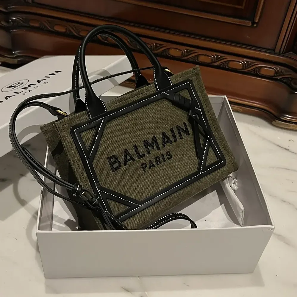 Balmain B-Army Small Canvas Shopping Bag with Leather Inserts for Women Balmain B-Army Small Canvas Shopping Bag with Leather Inserts for Women