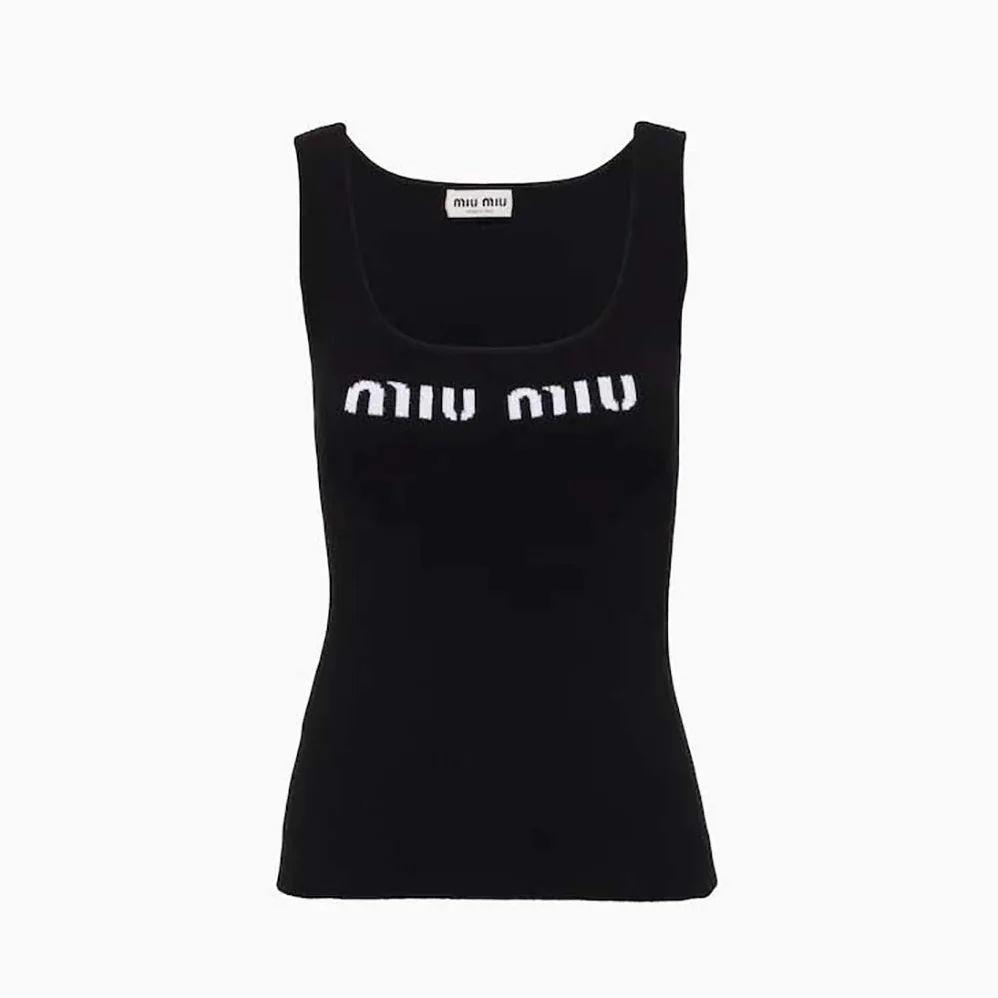 Miu Miu Viscose Tank Top with Intarsia Logo for Women in Black Miu Miu Viscose Tank Top with Intarsia Logo for Women in Black