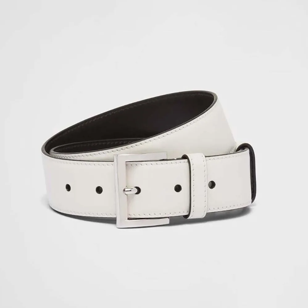 Prada Leather Belt with Enameled-Metal Triangle Logo for Women in White