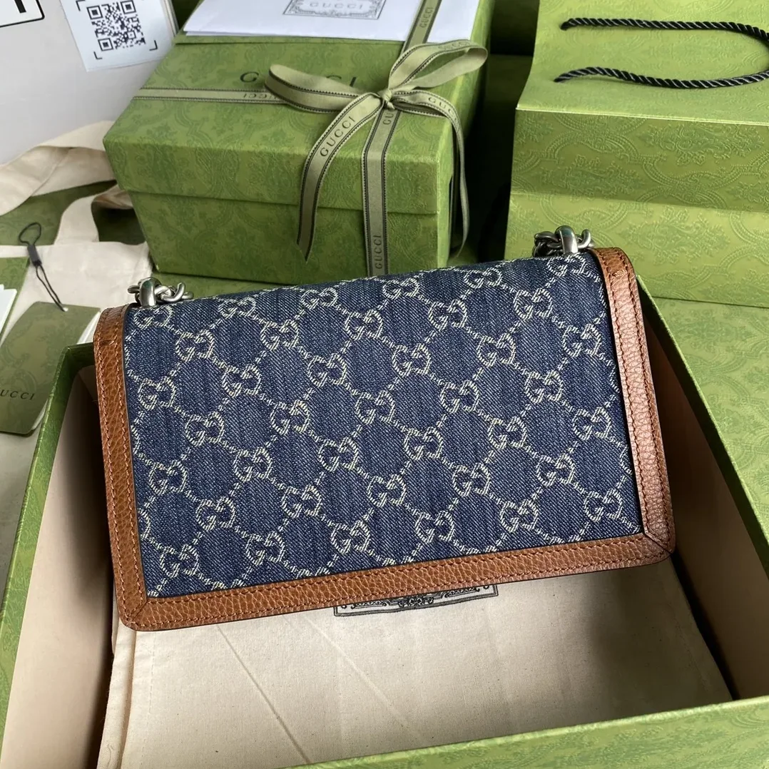 Gucci Dionysus Small Shoulder Bag / Dark Blue/ Ivory Eco Washed Organic GG Jacquard Denim Antique Silver Hardware Gucci Dionysus Small Shoulder Bag / Dark Blue/ Ivory Eco Washed Organic GG Jacquard Denim Antique Silver Hardware