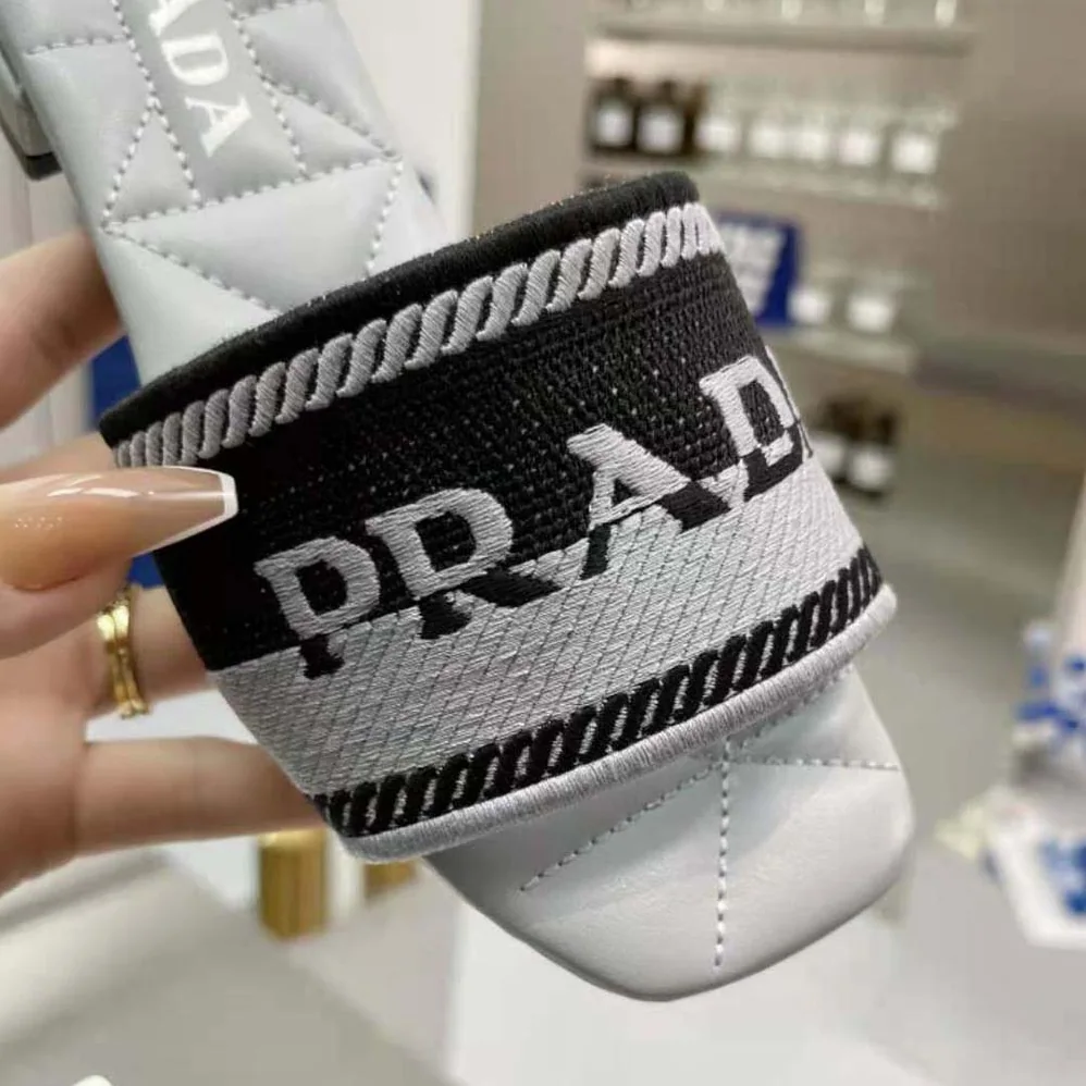 Prada Embroidered Fabric Slides for Women in Blue