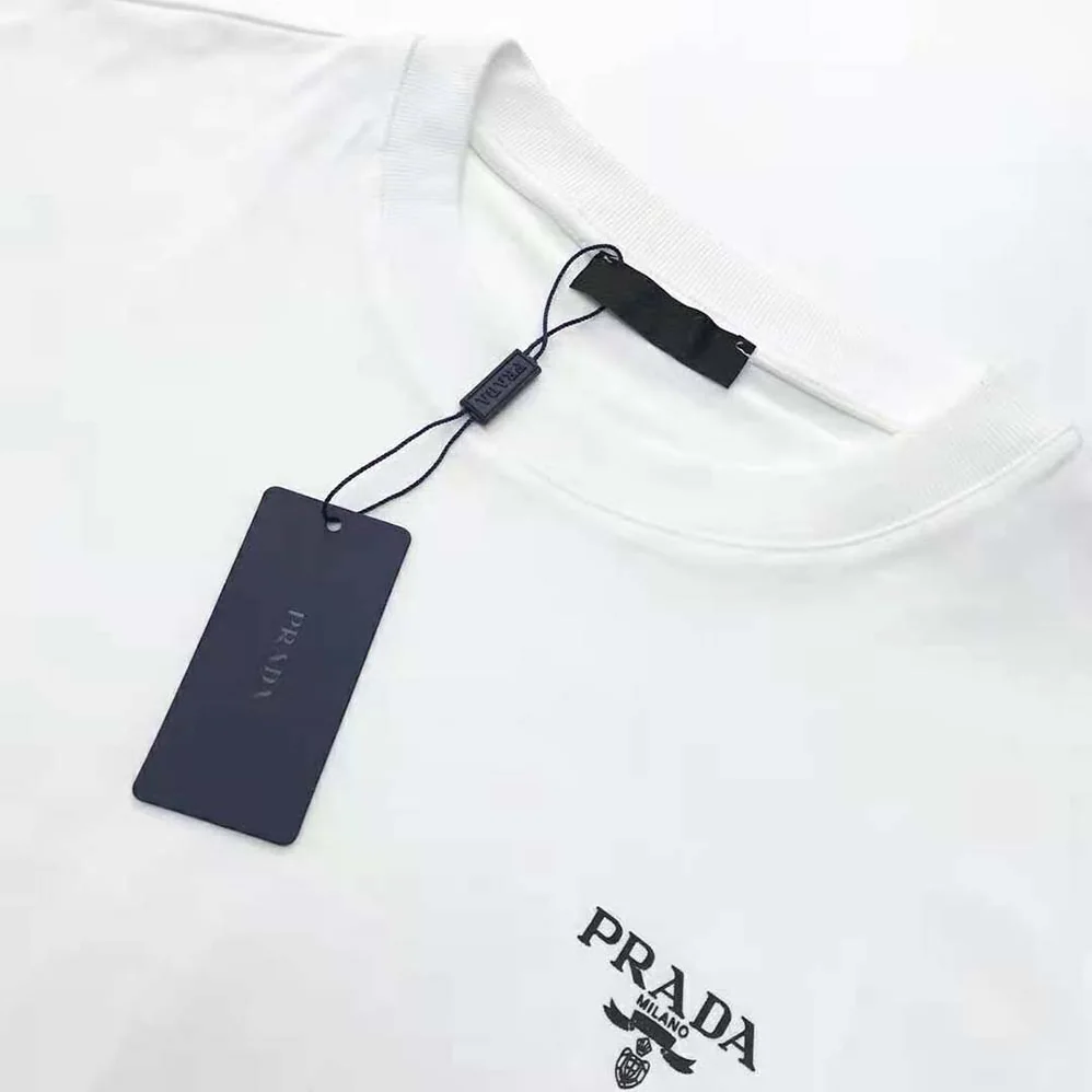Prada Cotton T-Shirt with Nylon Details for Women in White Prada Cotton T-Shirt with Nylon Details for Women in White