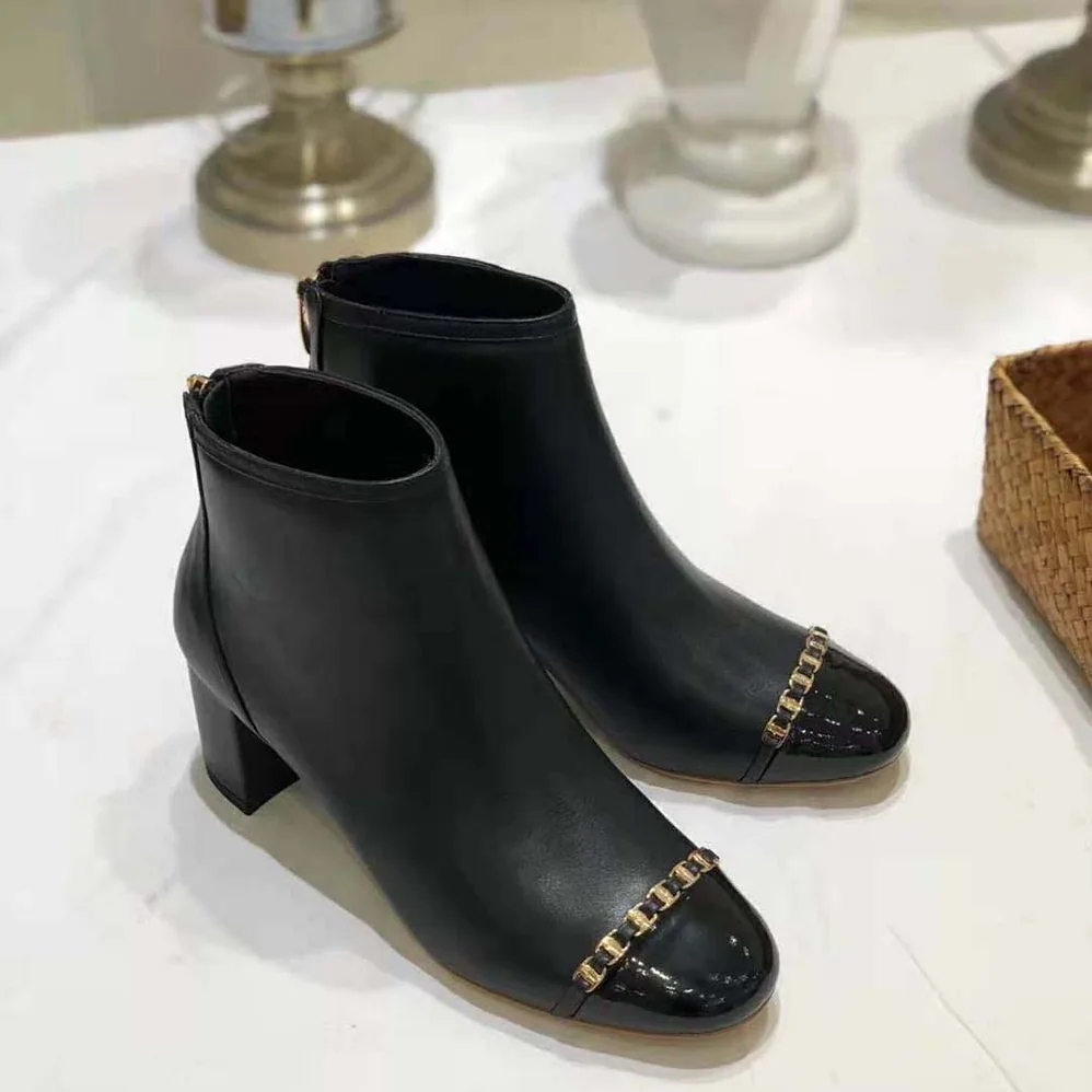 Salvatore Ferragamo Vara Chain Bootie in 70mm Heel for Women in Black