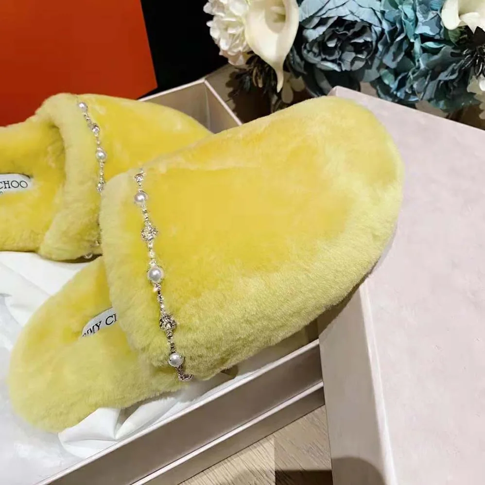 Jimmy Choo Aliette Flat Mimosa Shearling Slippers for Women in Yellow Jimmy Choo Aliette Flat Mimosa Shearling Slippers for Women in Yellow