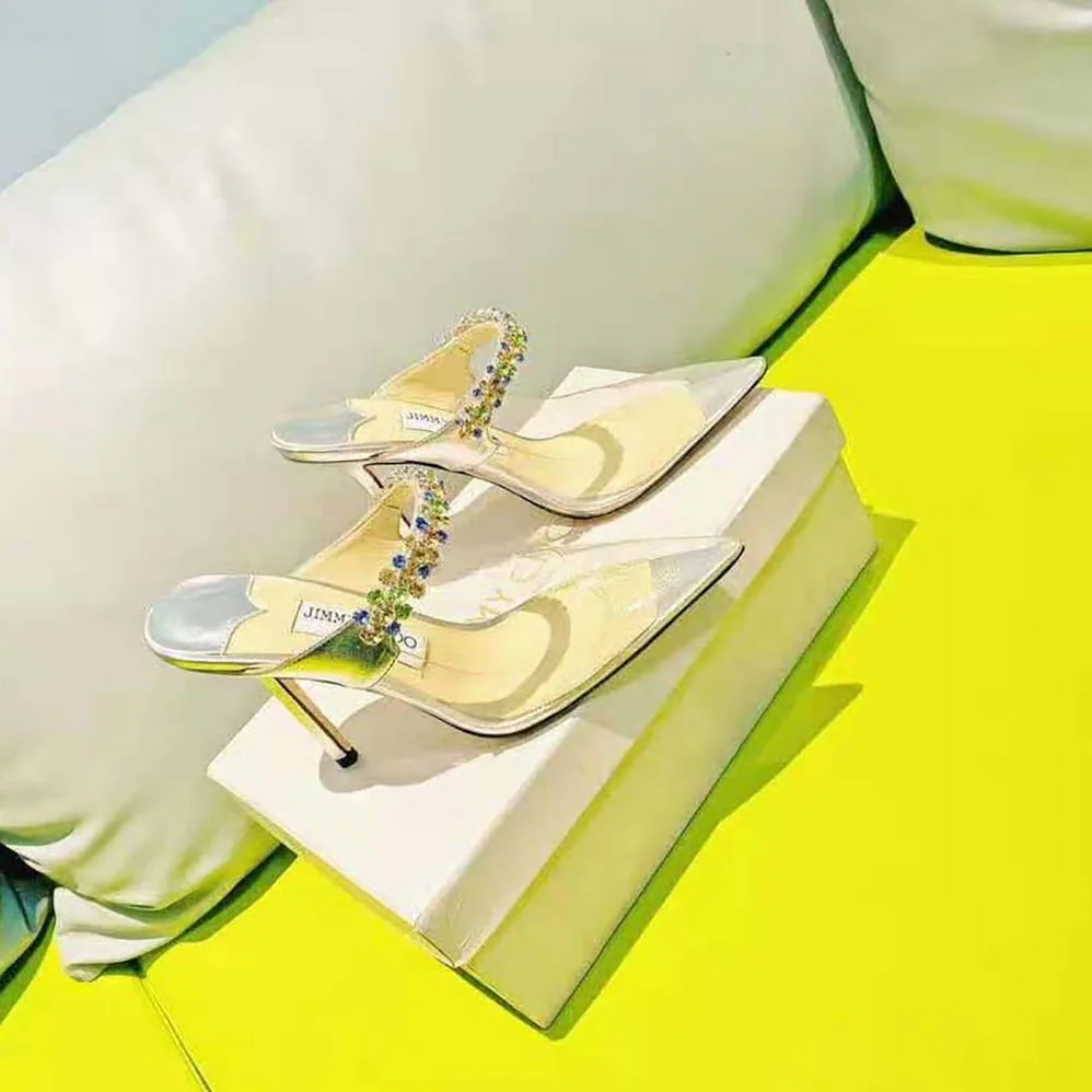 Jimmy Choo Bing 100 Clear Plexi Mules with Multicoloured Crystal Strap for Women Jimmy Choo Bing 100 Clear Plexi Mules with Multicoloured Crystal Strap for Women