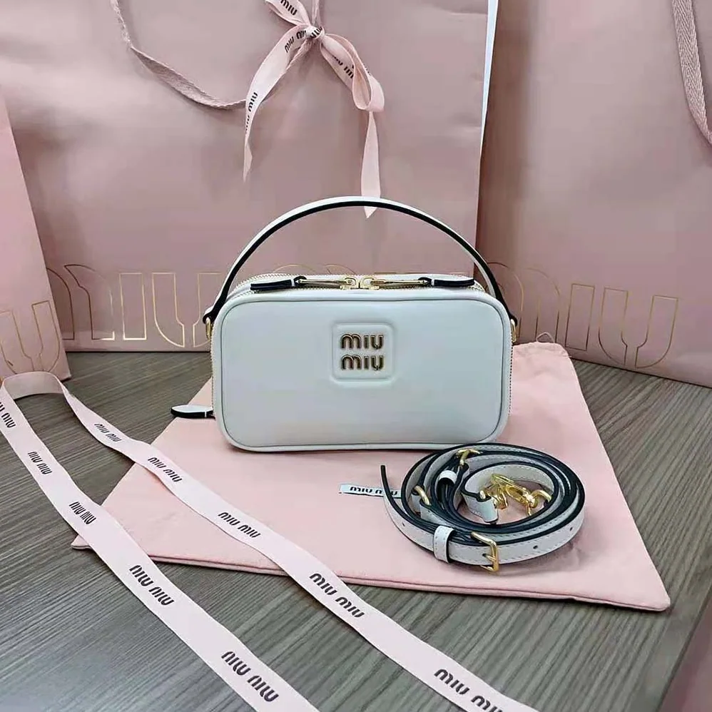 Miu Miu Arcadie Leather Bag with Metal Lettering Logo for Women in White Miu Miu Arcadie Leather Bag with Metal Lettering Logo for Women in White