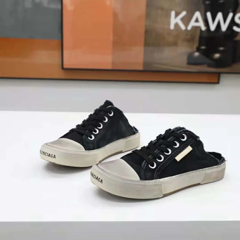 Balenciaga Paris Sneaker Mule in Black Destroyed Cotton and White Rubber for Unisex
