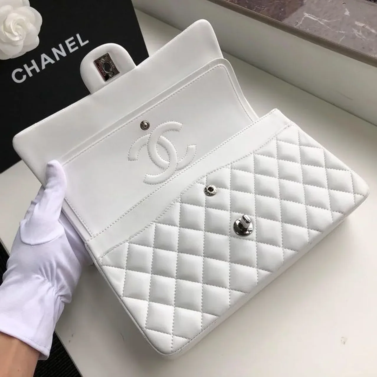 Chanel Classic Double Flap Bag Medium Crossbody in White Silver Hardware