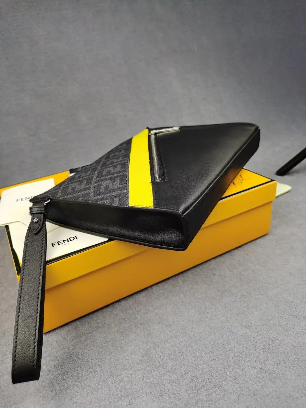 Fendi Flat Pouch Black Fabric Pouch Yellow Stripes / FF 7VA491A9XSF0R2A