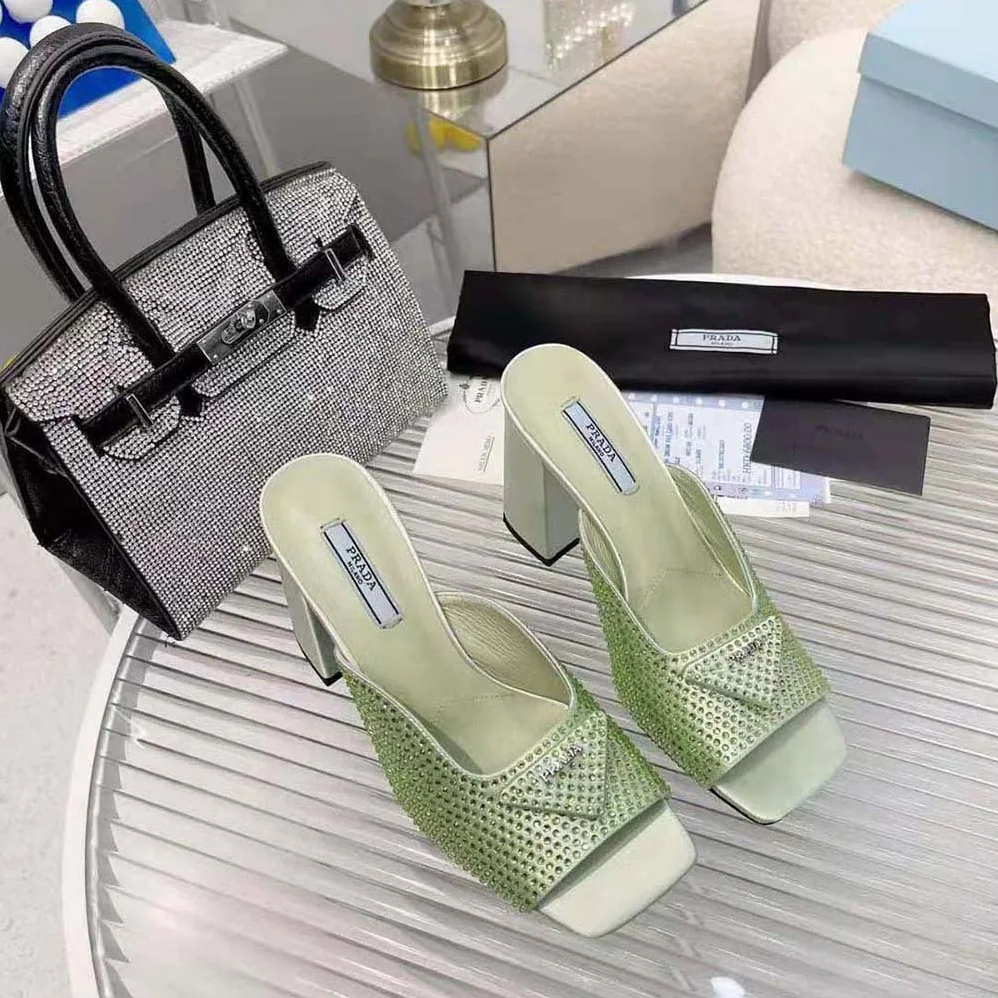 Prada High-heeled Satin Slides with Crystals for Women in Auqa Prada High-heeled Satin Slides with Crystals for Women in Auqa