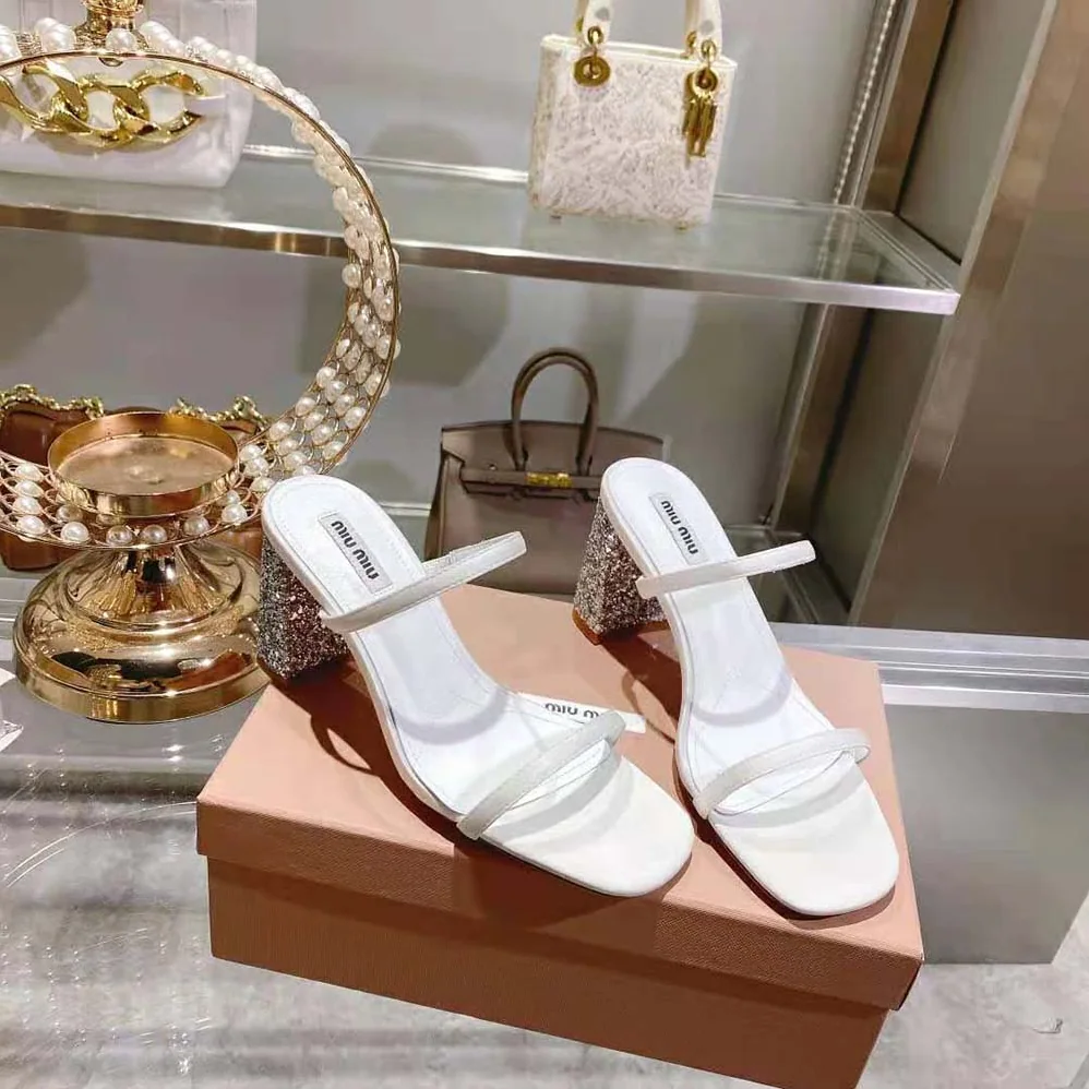 Miu Miu Satin and Glitter Slides in 85 mm Heel Height for Women in White Miu Miu Satin and Glitter Slides in 85 mm Heel Height for Women in White