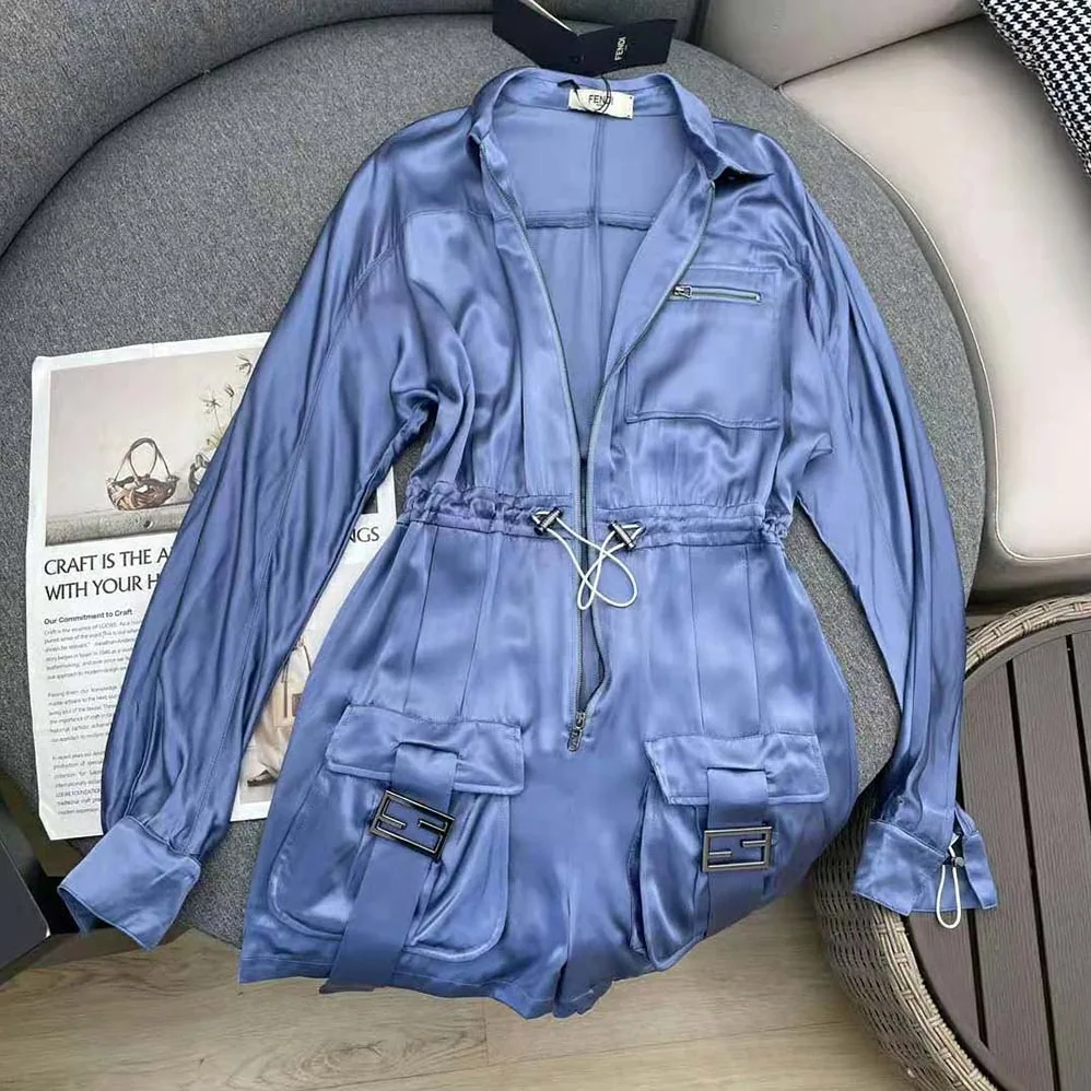 Fendi Jumpsuit Playsuit in Blue Viscose Satin for Women Fendi Jumpsuit Playsuit in Blue Viscose Satin for Women