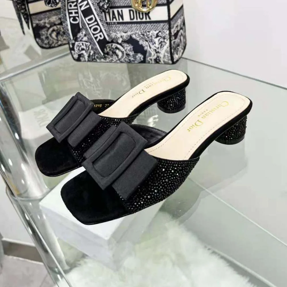 Dior Idylle Heeled Slide Black Suede Covered with Strass and Grosgrain for Women Dior Idylle Heeled Slide Black Suede Covered with Strass and Grosgrain for Women