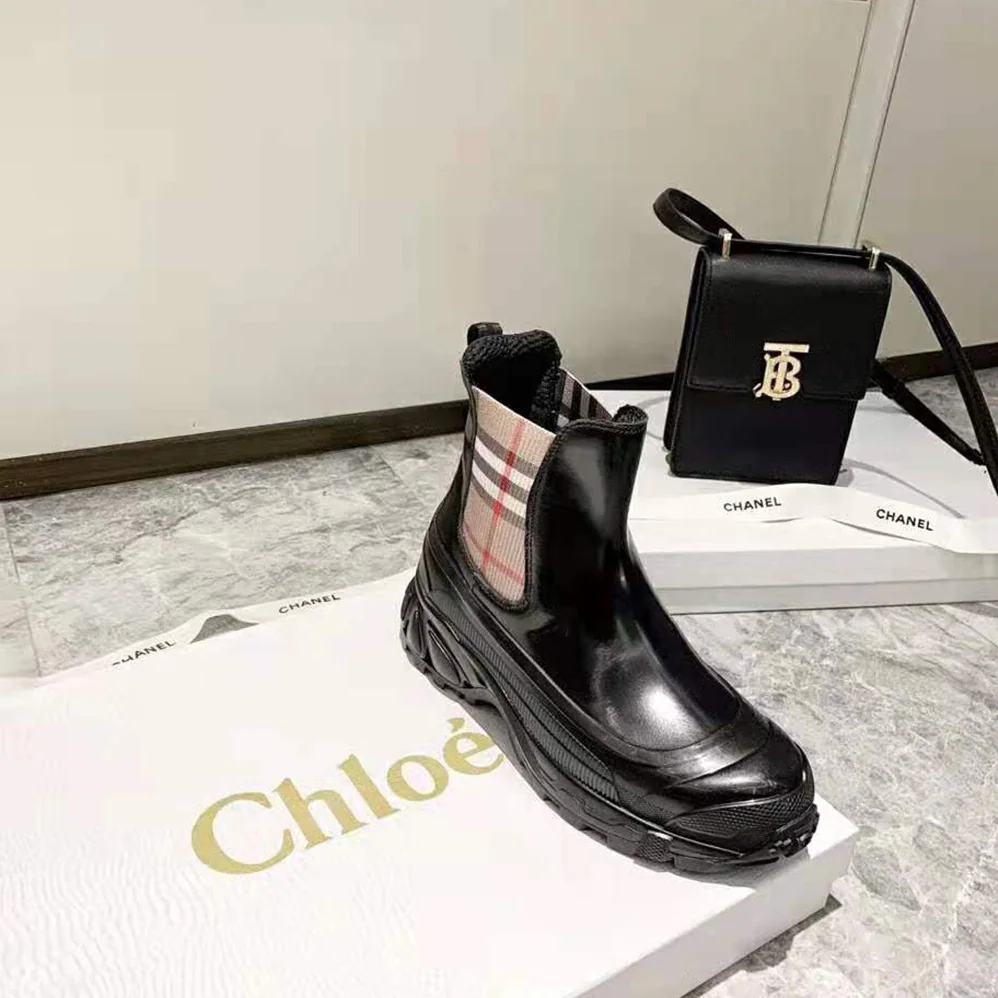 Burberry Vintage Check Detail Coated Canvas Chelsea Boots for Women in Black