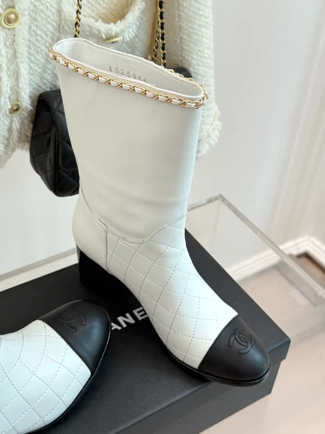 Chanel Double C Chunky Heel Boots With Chain Detail White Chanel Double C Chunky Heel Boots With Chain Detail White