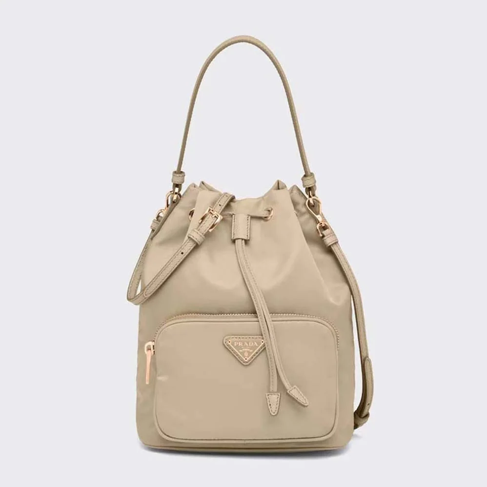 Prada Duet Re-Nylon Bucket Bag for Women in Beige