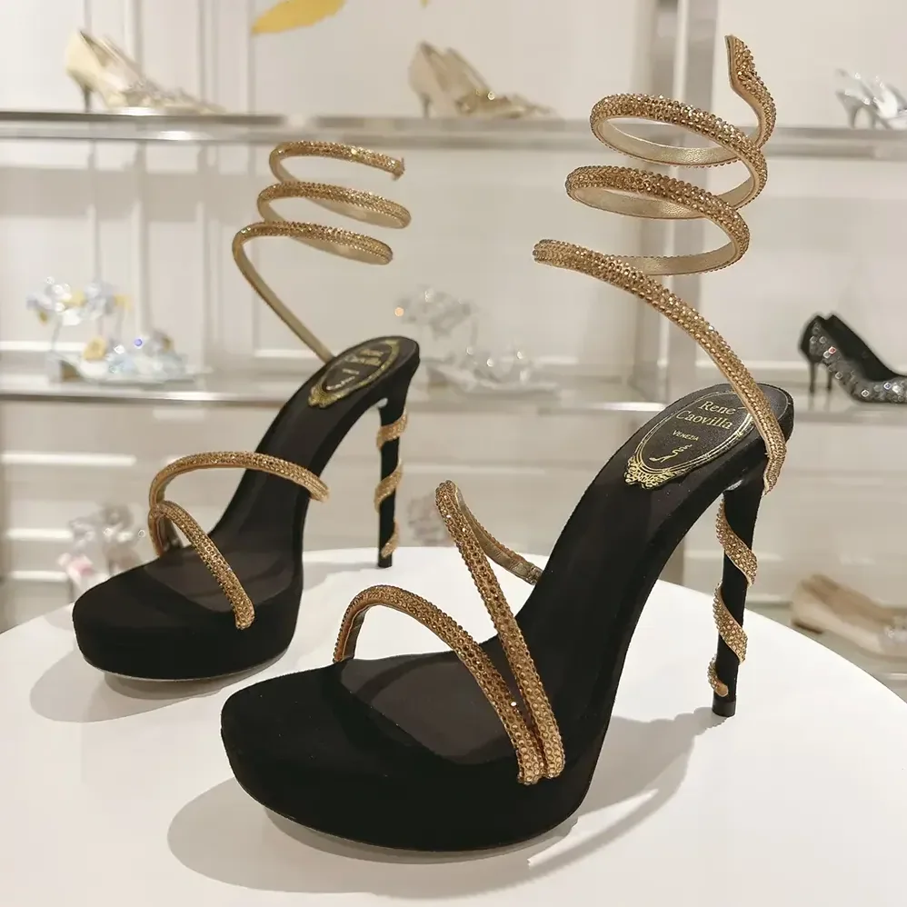 Rene Caovilla Margot Crystal Black-gold Platform Sandal 130 for Women Rene Caovilla Margot Crystal Black-gold Platform Sandal 130 for Women