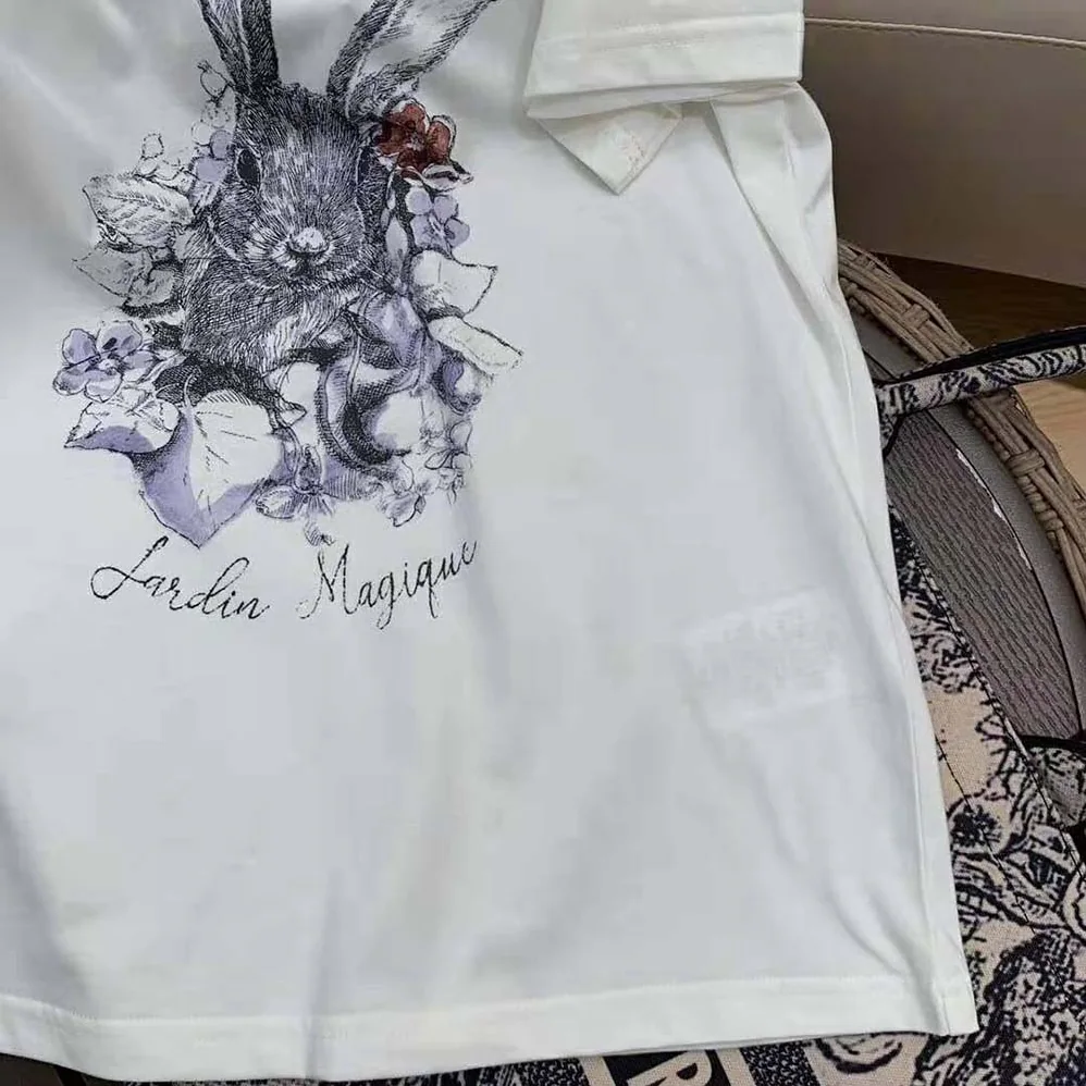 Dior T-shirt Ecru Cotton Jersey and Linen with Dior Jardin Magique Motif for Women